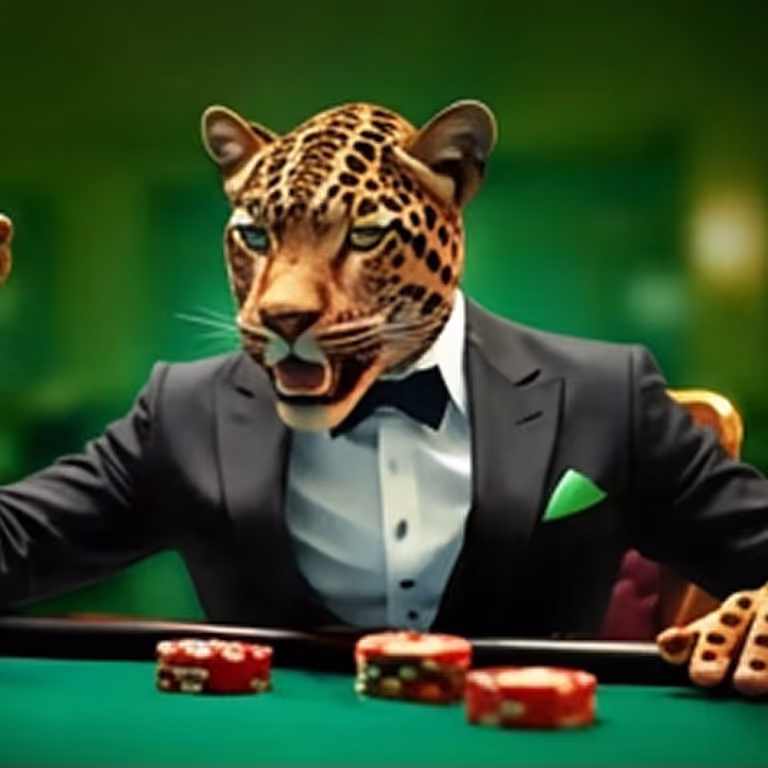 BetPRIMEIRO jaguar mascot in a tuxedo playing poker with casino chips