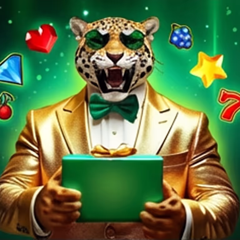 BetPRIMEIRO jaguar mascot holding a gift box with casino symbols floating around